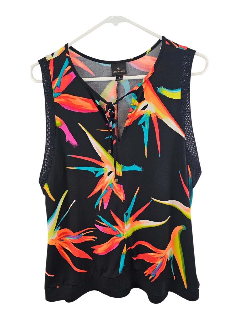 3/$25 Worthington Size M Black W/ Bold Tropical Tie-Neck Sleeveless Tank